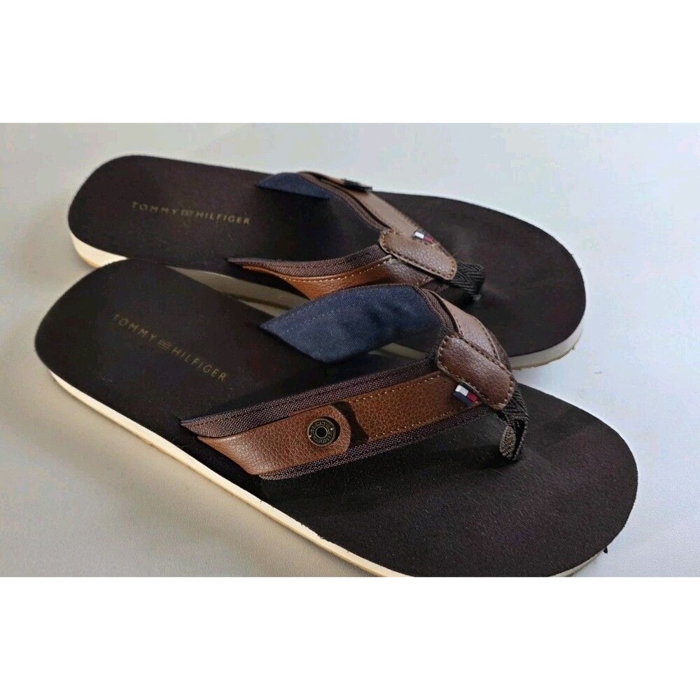 Tommy Hilfiger Men’s Brown/Black Thong Sandals Logo Slip On US 11 D